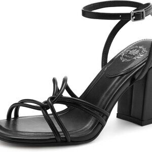 Women's Leather Strappy Heels Chunky Block Heel Square Toe Dress Shoes